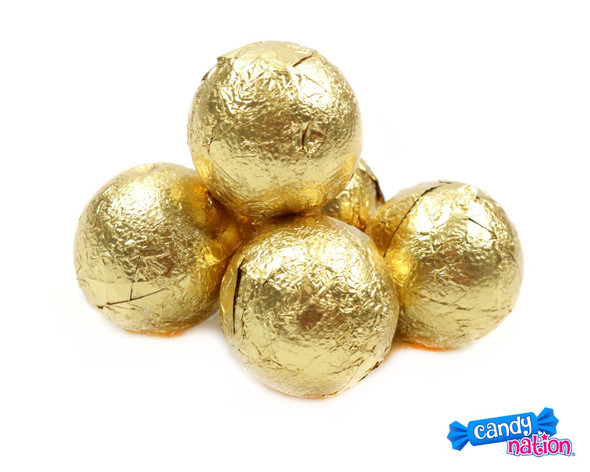Palmer Double Chocolate Gold Balls, 24lb case. Many shiny gold-foiled, 1-inch, individually wrapped chocolate candies.