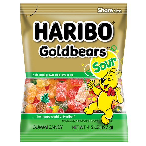 Haribo Sour Gold Bears 12-pack, 4.5oz bags, assorted fruit-colored gummies with a visible tart sour sugar coating.