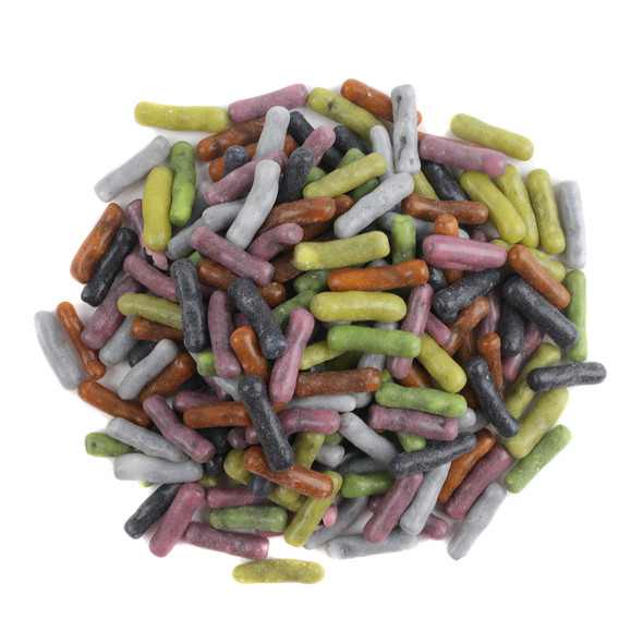 Licorice Pastels, 30lb box. Chewy black licorice pieces with vibrant pastel-colored candy shells.