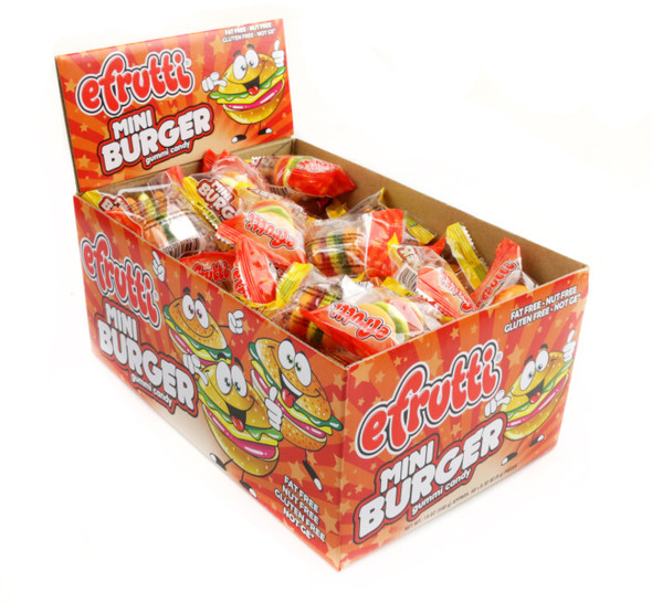 Mini Gummy Burgers, individually wrapped. Light brown bun, brown patty, yellow cheese, green pickle. 60 pieces, 8 packs.