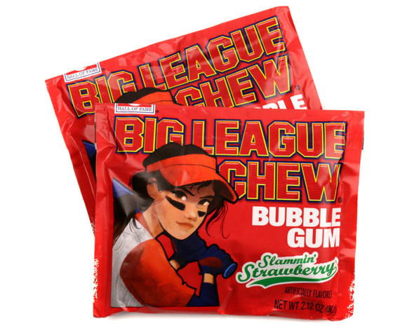 Big League Chew Slammin' Strawberry Softball gum. 9 boxes, each with 12 red pouches. Softball themed packaging.