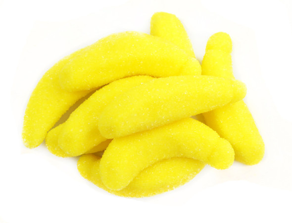 Bright yellow, sugar-coated, 2-inch gummy bananas with a sweet banana flavor, 4.4lb bulk.