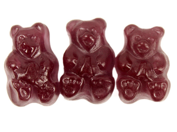 Purple grape gummy bears, a 4/5lb bulk case. Approx 1-inch long, 145 per pound, delicious USA made candy.