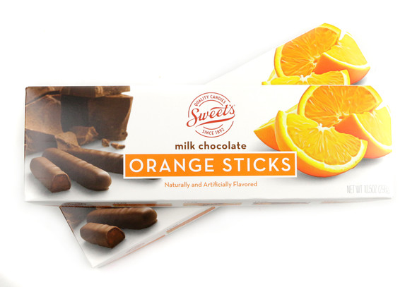 Sweets Milk Chocolate Orange Sticks. 12 x 10.5oz boxes, approx 38 brown chocolate covered orange jelly sticks each.