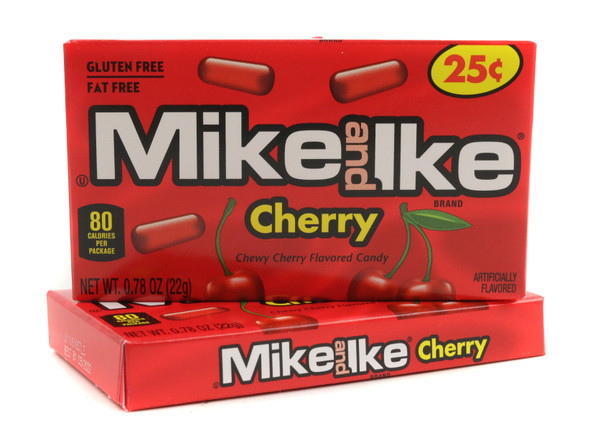 Mike and Ikes Cherry candy, 24 count display box, .78oz packs with 16 vibrant red pieces each.