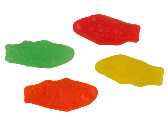 Assorted Mini Swedish Fish 4-pack, 1.8lb. Bright red, orange, lemon yellow, lime green chewy candy.