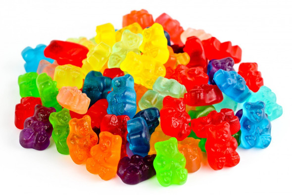 Assorted 12-flavor gummy bears, 4/5lb case. White, blue, purple, bright yellow, green, hot pink, orange, red candy.