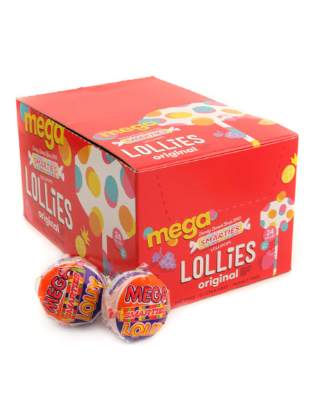 Smarties Mega Lollies box, 24 large colorful individually wrapped sweet and sour fruity lollipops.