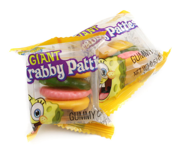 Giant SpongeBob Krabby Patties gummy candy, individually wrapped. Yellow bun, green lettuce, red hamburger. 36 pieces per box, 6 boxes.