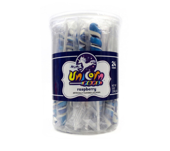 Royal blue mini unicorn lollipops, 6 packs of 24 pieces.