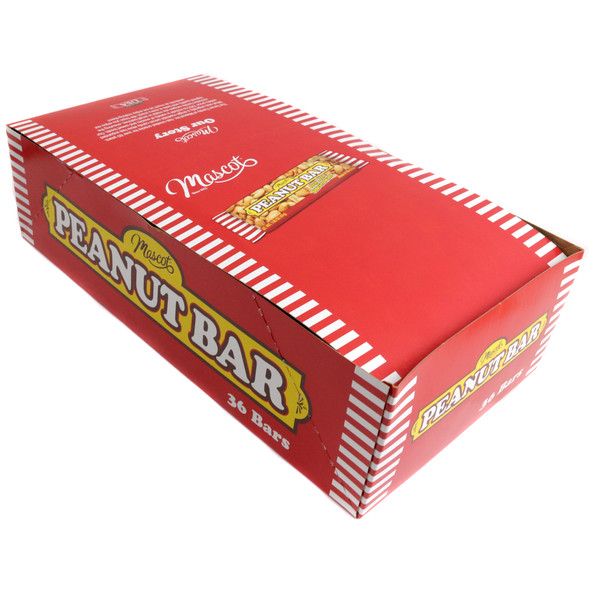 6 boxes of Mascot Peanut Bars, 36 count each. Brown, old-fashioned candy bars packed with crunchy peanuts, sweet and salty.