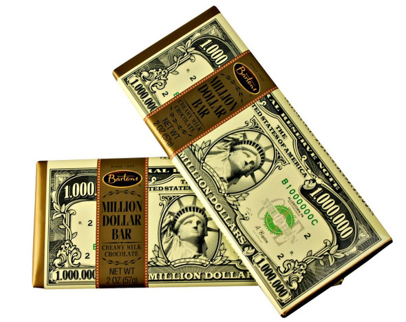 Barton's Million Dollar Milk Chocolate Bars, 12 count, 4 packs, 2oz brown chocolate bars.