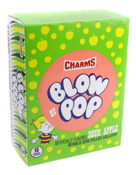 48 individually wrapped Sour Apple Blow Pops, green lollipops with pink bubble gum, 12 packs.