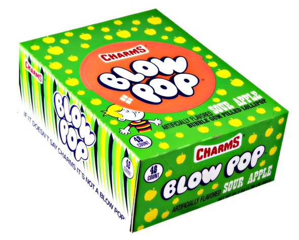 12 packs, 48 count Sour Apple Blow Pops, green lollipops with pink bubble gum, individually wrapped.