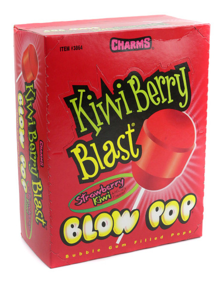 Kiwi Berry Blast Blow Pops, 12 packs, 48 strawberry-kiwi lollipops with bubble gum centers.