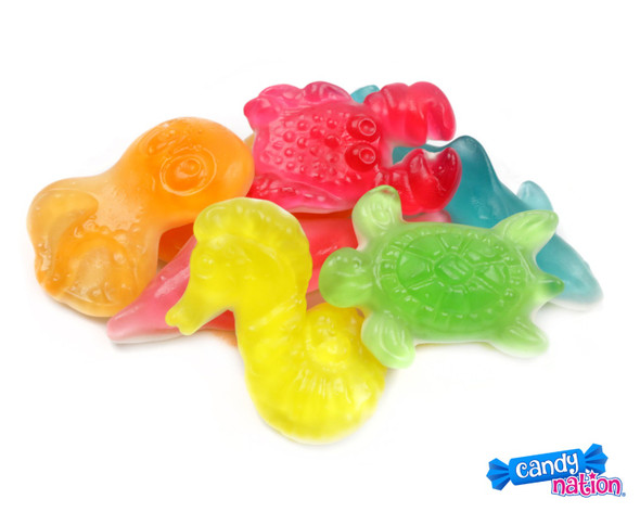 Herberts Best Gummy Ocean Animals, 2.2LB bag. Assorted colorful turtles, sharks, dolphins, octopuses, crabs, seahorses, fruity flavors.