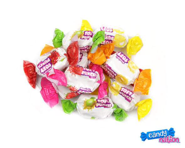 Gustaf's Assorted Soft Punch Chews, 5 LB, 4 count. Individually wrapped, rainbow colors: cherry, mango, orange, strawberry, apple, lemon.