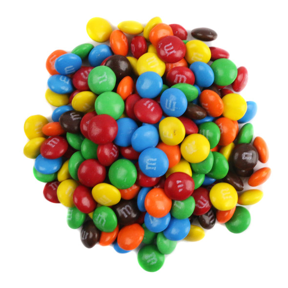 25lb bulk mini M&M's milk chocolate baking bits, candy-coated with vibrant rainbow colors, perfect for desserts.