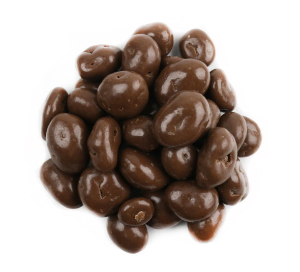 Large 25lb bulk box of creamy brown milk chocolate covered dark, chewy raisins.