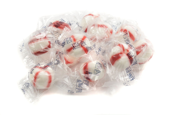 King Leo 5lb bulk bag. White and red striped soft peppermint puffs, individually wrapped. Creamy, minty, melt-in-your-mouth candy.