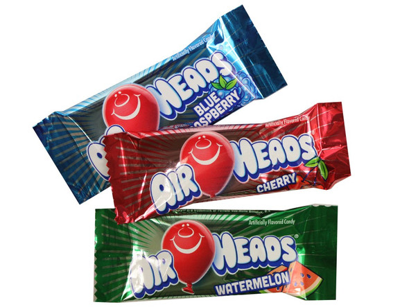 25lb bulk Airheads Mini assorted candy, individually wrapped in cherry, blue raspberry, watermelon flavors.