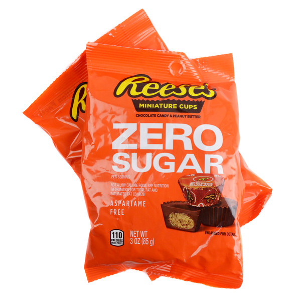 Reese's Sugar Free miniature peanut butter cups, chocolate and peanut, 12 pack of 3oz bags.