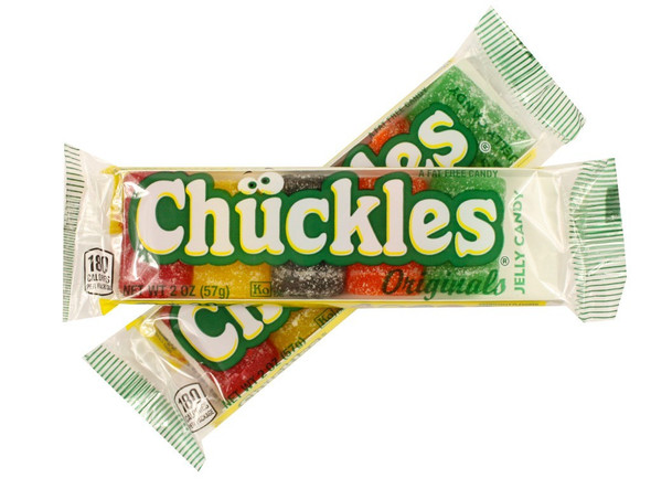 Assorted Chuckles jelly candy bars, 5 colorful flavors cherry, orange, lime, lemon, licorice. 12 packs, 24 count.