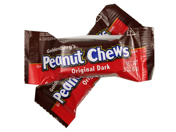 Goldenberg Original Dark Peanut Chews, rich dark chocolatey coating, visible roasted peanuts, large 4.5lb bulk quantity of chewy mini candies.