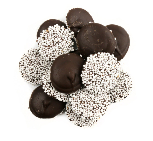 20lb box of dark chocolate nonpareils, rich dark brown chocolate disks topped with tiny white nonpareil sprinkles.