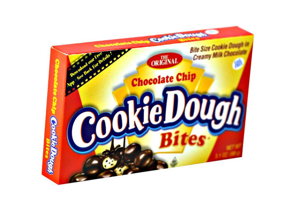 12-pack Cookie Dough Bites Chocolate Chip, 3.1oz boxes. Milk chocolate covered, chewy, egg-free candy pieces with chips.