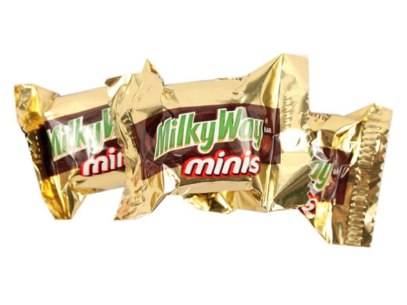 Bulk 20lb box of small Milky Way Minis, approx 54 per pound, brown milk chocolate, creamy caramel, nougat.