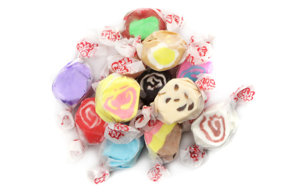 Taffy Town assorted salt water taffy, colorful, individually wrapped, 20lb bulk case, about 1300 pieces.