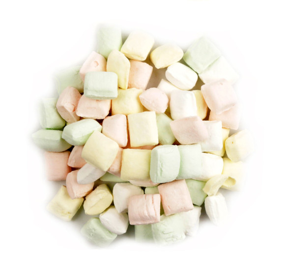 Assorted pastel pillow mints, soft, melt-in-your-mouth. 25lb box of approx 375 mints per pound.
