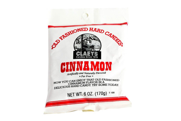 24 pack Claey's Cinnamon Hard Candy Drops, old-fashioned 6oz bags, approx 42 reddish-brown pieces each.