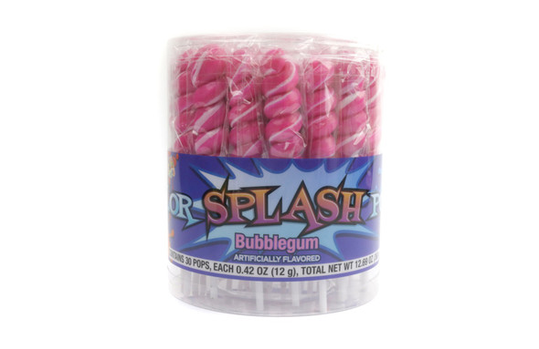 Bright pink twist lollipops, bubblegum flavor. 30 individually wrapped pieces, 6 packs.