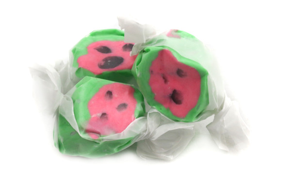 Sweet's Watermelon Salt Water Taffy, 3lb, vibrant pink & green chewy candy with black seeds, juicy summer flavor.