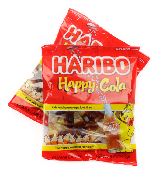 Haribo Happy Cola gummy bottles, classic brown cola-shaped, 1-inch, 12-pack of 5oz bags.