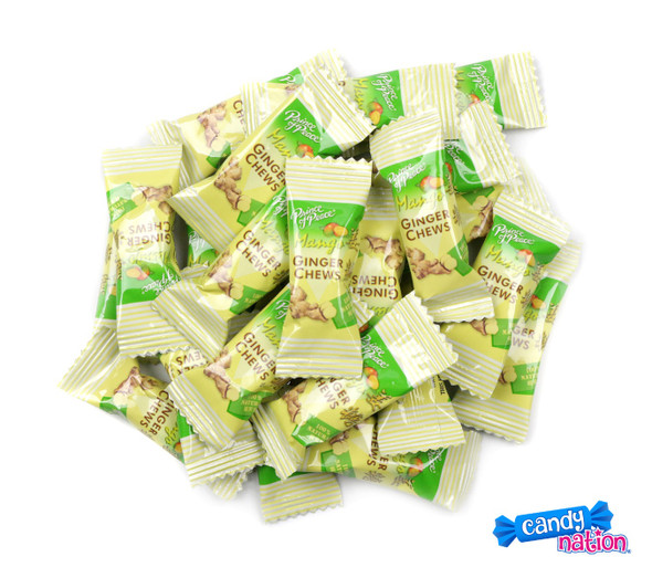 Vibrant yellow Ginger Chews with Mango, 1lb, 12 pack, approx 105 individually wrapped vegan chews.