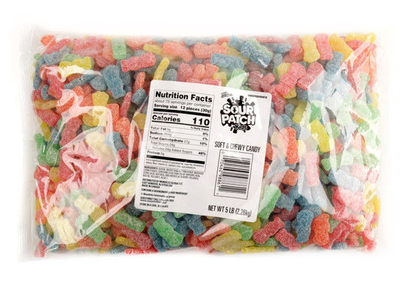 Sour Patch Kids candy, 5lb 6 packs. Multicolored chewy candies: green apple, red cherry, orange, yellow lemon. Sour sweet flavor.