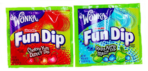 Fun Dip 48 count box, individually wrapped packs. Red Cherry Yum Diddly Dip, Blue Razz Apple Magic Dip, fruity candy.