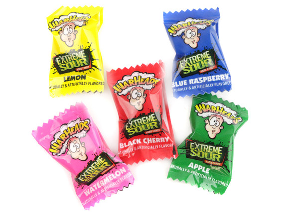 30lb bulk Warheads super sour hard candies. Multi-colored: black cherry, blue raspberry, sour apple, lemon, watermelon.