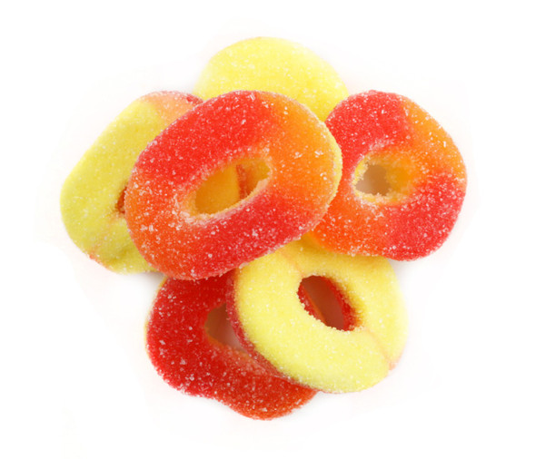 Trolli Gummy Peach Rings, 5lb bulk bag. Bright orange and yellow peach-flavored gummy rings with white sugar.