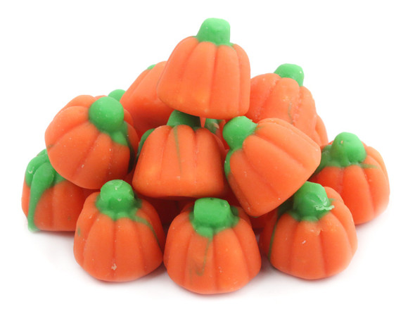 Bright orange Mellocreme Pumpkins, mini marshmallow candy, 30 LB bulk case, perfect for Halloween treats.
