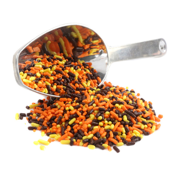 Vibrant brown, yellow, orange Autumn sprinkles mix for festive fall treats, cakes, cookies, and pies.
