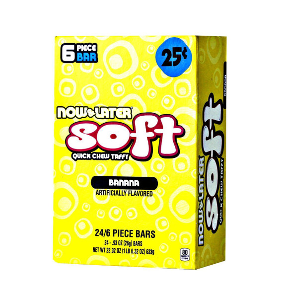 Yellow Now and Later Chewy Banana taffy, 12 packs, 24 soft chewy individually wrapped pieces.