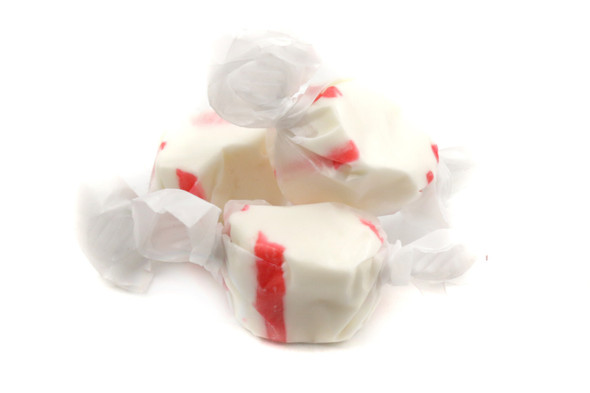 Peppermint Salt Water Taffy, 3lb 9 count. White with red stripes, individually wrapped, gluten-free, USA made.