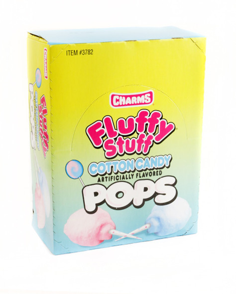 Charms Fluffy Stuff Cotton Candy Lollipops, 48 individually wrapped blue and pink lollipops, cotton candy flavor.