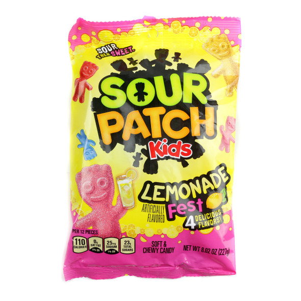 Sour Patch Kids Lemonade Fest 8.02oz bag. Assorted red, blue, pink, yellow sour gummy candies, 4 lemonade flavors.