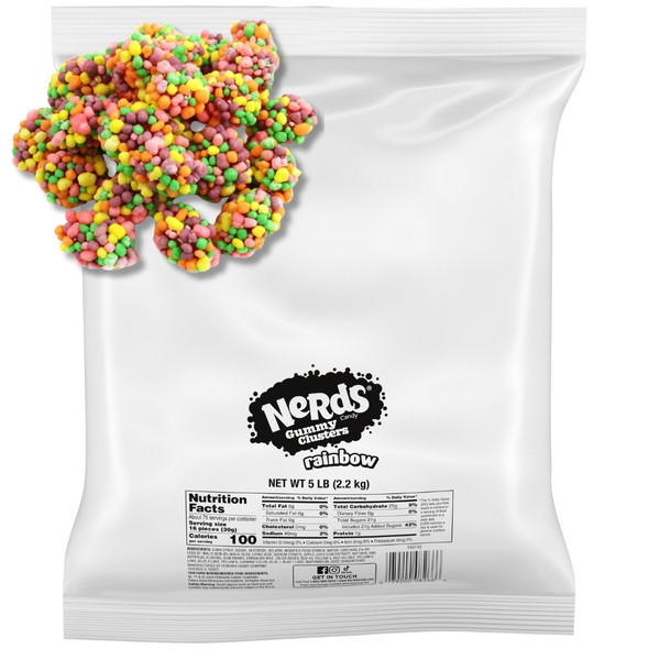 Nerds Gummy Clusters Rainbow, 5LB 6 count. Vibrant, crunchy rainbow Nerds surround sweet, fruity gummy centers.