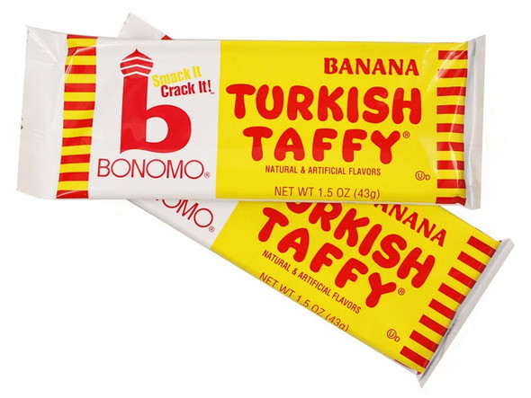 Yellow Bonomo Turkish Taffy, Banana flavor, 1.5oz bars, 12 packs, 24 count per pack, nostalgic retro candy.